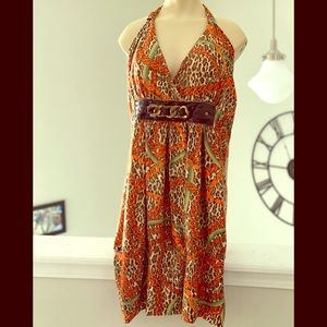 2X- Orange Halter Chain/Leopard Print Dress